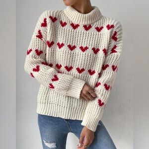 Love Heart Jacquard Knit Sweater Women’s Drop Shoulder Long Sleeve Crew Neck, S